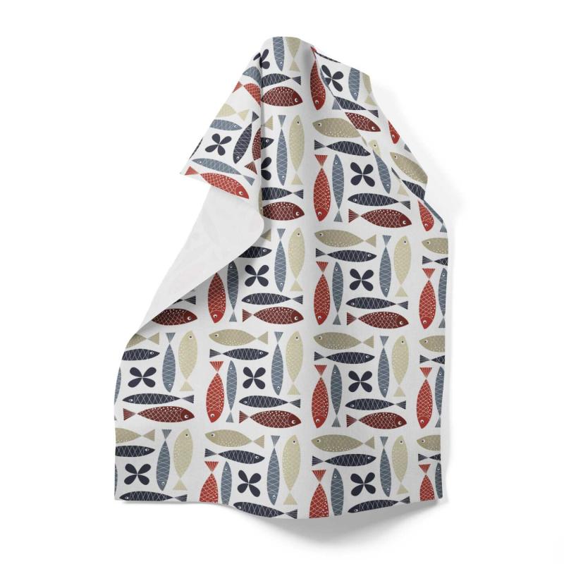 Kökshandduk FINA FISKEN med små fiskar i rött, blått och beige