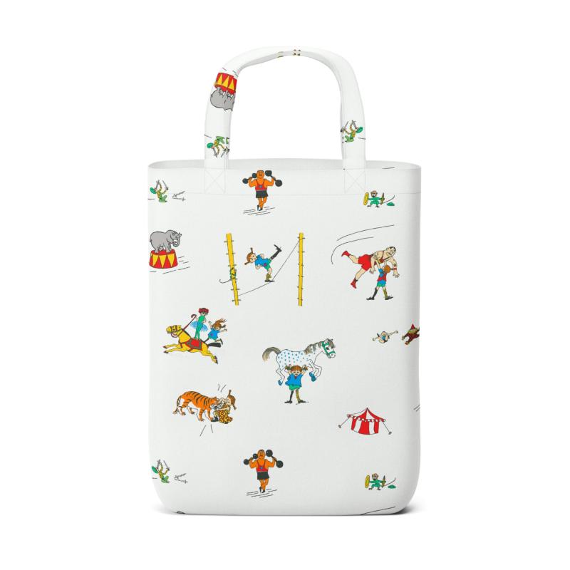 Bärkasse PIPPI PÅ CIRKUS, med tecknade motiv av Pippi Långstrump. Offwhite bottenfärg