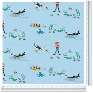 Kuddfodral PIPPI I SÖDERHAVET, med tecknade motiv av Pippi Långstrump. Blå bottenfärg