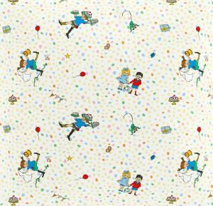 Kuddfodral KALAS HOS PIPPI, med tecknade motiv av Pippi, Tommy och Annika och Herr Nilsson, Offwhite bottenfärg