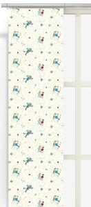 Panelgardin KALAS HOS PIPPI, med tecknade motiv av Pippi, Tommy och Annika och Herr Nilsson, Offwhite bottenfärg