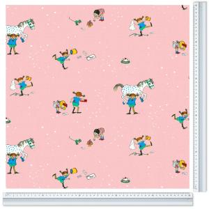 Barnförkläde PIPPI MED VÄNNER, med tecknade motiv av Pippi Långstrump. Rosa bottenfärg