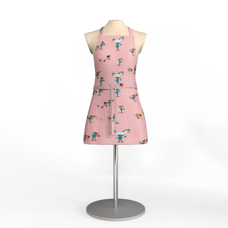 Barnförkläde PIPPI MED VÄNNER, med tecknade motiv av Pippi Långstrump. Rosa bottenfärg