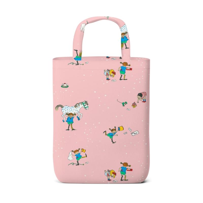 Bärkasse PIPPI MED VÄNNER, med tecknade motiv av Pippi Långstrump. Rosa bottenfärg