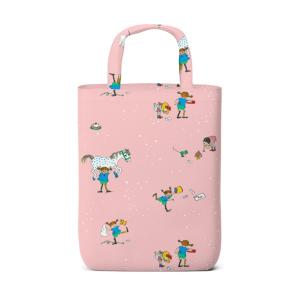 Bärkasse PIPPI MED VÄNNER, med tecknade motiv av Pippi Långstrump. Rosa bottenfärg