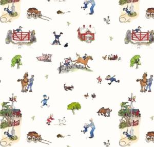 Kuddfodral EMIL I KATTHULT, med tecknade motiv av Emils hyss och upptåg. Offwhite bottenfärg