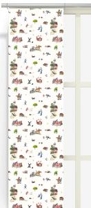 Panelgardin EMIL I KATTHULT, med tecknade motiv av Emils hyss och upptåg. Offwhite bottenfärg