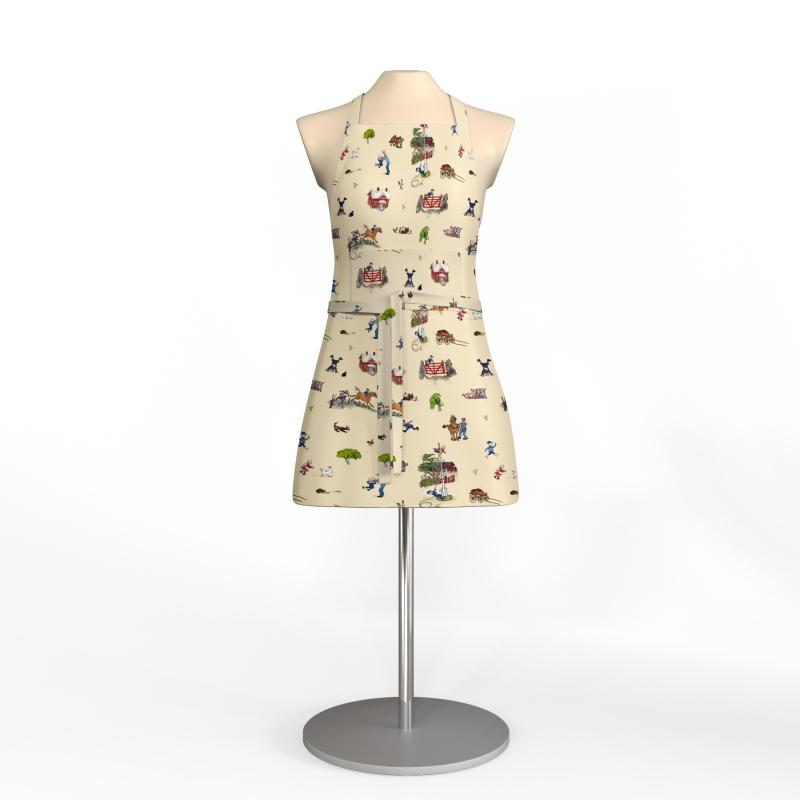 Barnförkläde EMIL I KATTHULT, med tecknade motiv av Emils hyss och upptåg. Beige bottenfärg