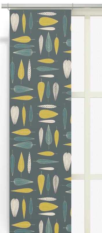 Panelgardin UNDER TRÄDET med gulgröna, grå och turkos blad på mörk turkos bottenfärg
