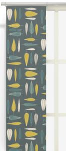 Panelgardin UNDER TRÄDET med gulgröna, grå och turkos blad på mörk turkos bottenfärg