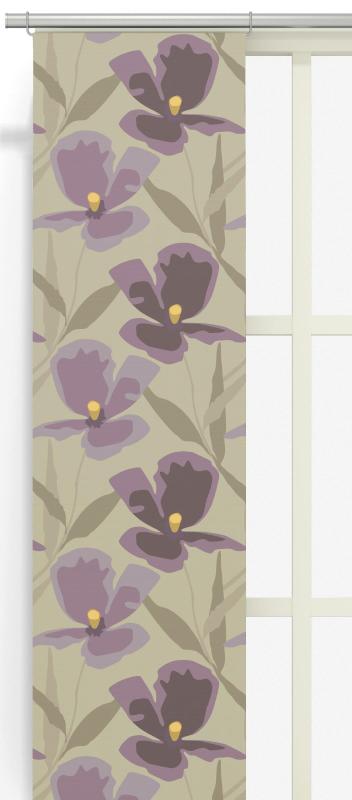 Panelgardin BLOMSTERSKRUD (Culla) med stora lila blommor på linnefärgad botten