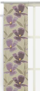 Panelgardin BLOMSTERSKRUD (Culla) med stora lila blommor på linnefärgad botten