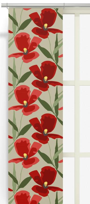 Panelgardin BLOMSTERSKRUD (Culla) med stora röda blommor på linnefärgad botten