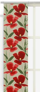 Panelgardin BLOMSTERSKRUD (Culla) med stora röda blommor på linnefärgad botten