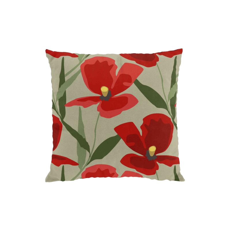 Kuddfodral BLOMSTERSKRUD (Culla) med stora röda blommor på linnefärgad botten