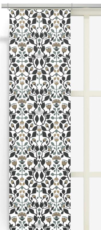 Panelgardin BLOMSTERSNÅR i medaljongmönster av slingrande blommor och blad i turkos