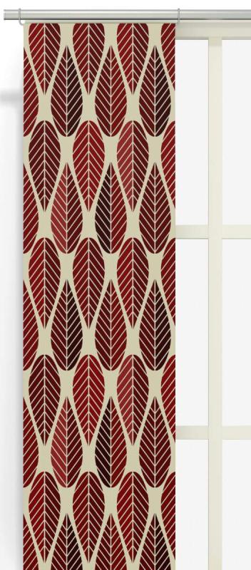 Panelgardin BLADER (Culla), grafiskt retromönster med blad i rött på beige botten