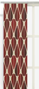 Panelgardin BLADER (Culla), grafiskt retromönster med blad i rött på beige botten