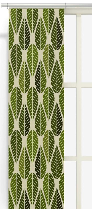 Panelgardin BLADER (Culla), grafiskt retromönster med blad i grönt på beige botten