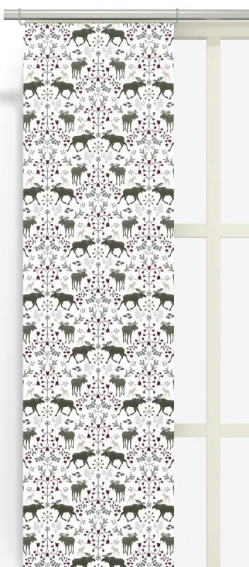 Panelgardin SKOGENS KONUNG med älgar i khakigrönt på vit botten