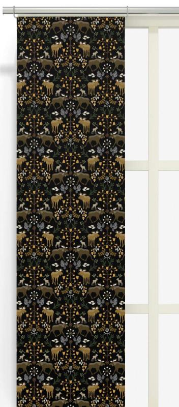 Panelgardin SKOGENS KONUNG med älgar i brunt på svart botten