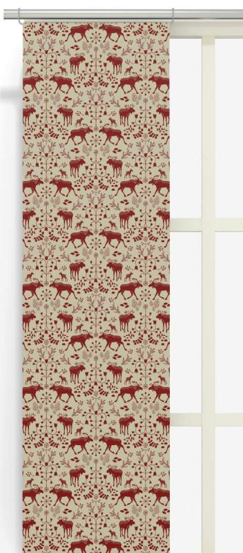 Panelgardin SKOGENS KONUNG (Culla) med älgar i rött på linnefärgad botten