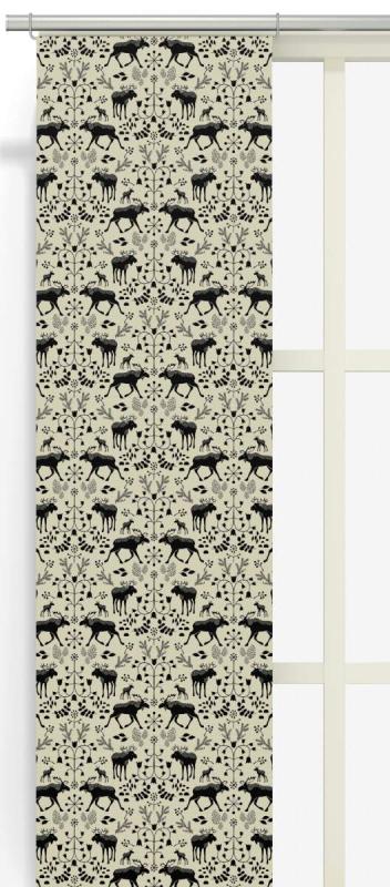 Panelgardin SKOGENS KONUNG (Culla) med älgar i svart på linnefärgad botten
