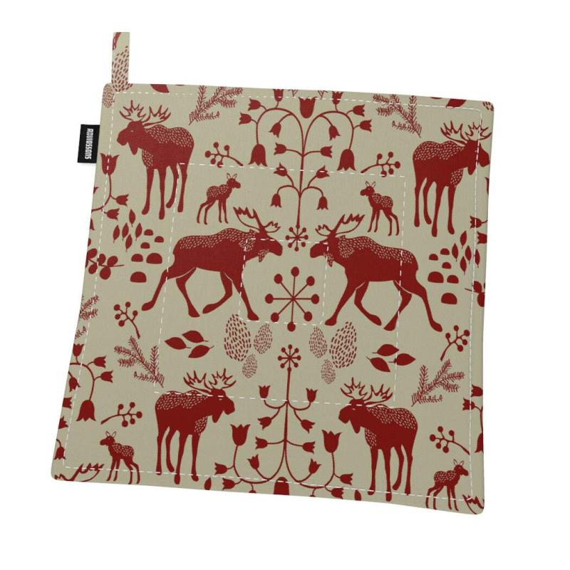 Grytlapp SKOGENS KONUNG (Culla) med älgar i rött på linnefärgad botten