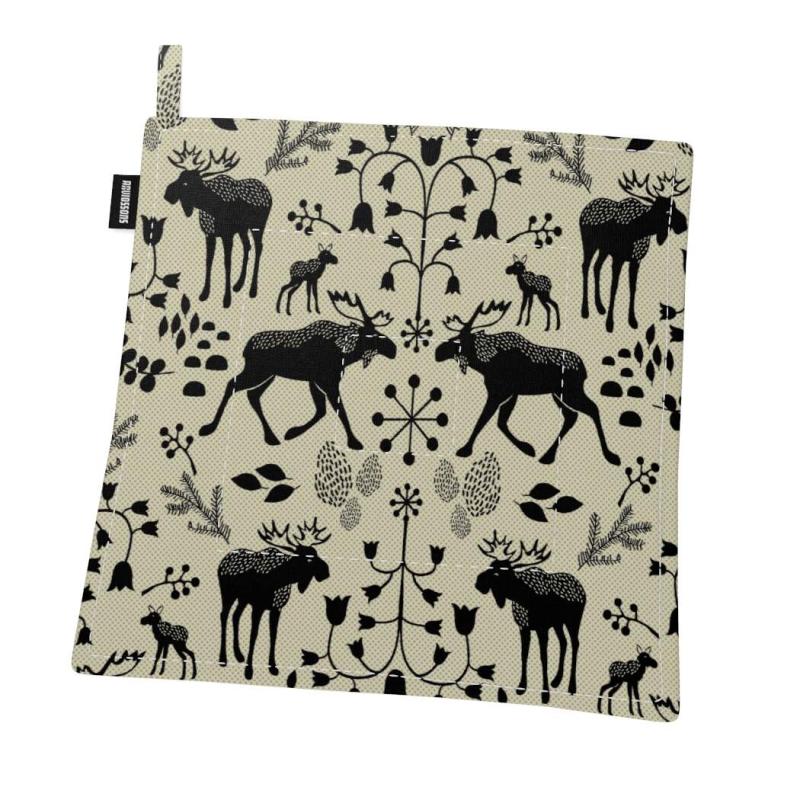 Grytlapp SKOGENS KONUNG (Culla) med älgar i svart på linnefärgad botten