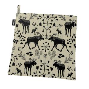 Grytlapp SKOGENS KONUNG (Culla) med älgar i svart på linnefärgad botten