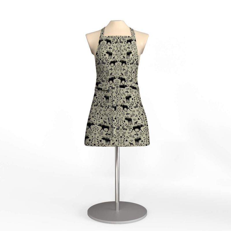 Förkläde SKOGENS KONUNG (Culla) med älgar i svart på linnefärgad botten