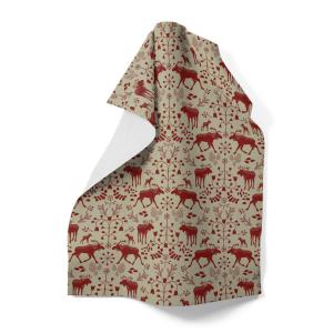 Kökshandduk SKOGENS KONUNG (Culla) med älgar i rött på linnefärgad botten