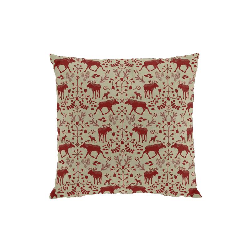 Kuddfodral SKOGENS KONUNG (Culla) med älgar i rött på linnefärgad botten
