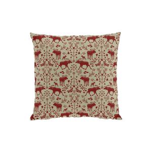 Kuddfodral SKOGENS KONUNG (Culla) med älgar i rött på linnefärgad botten