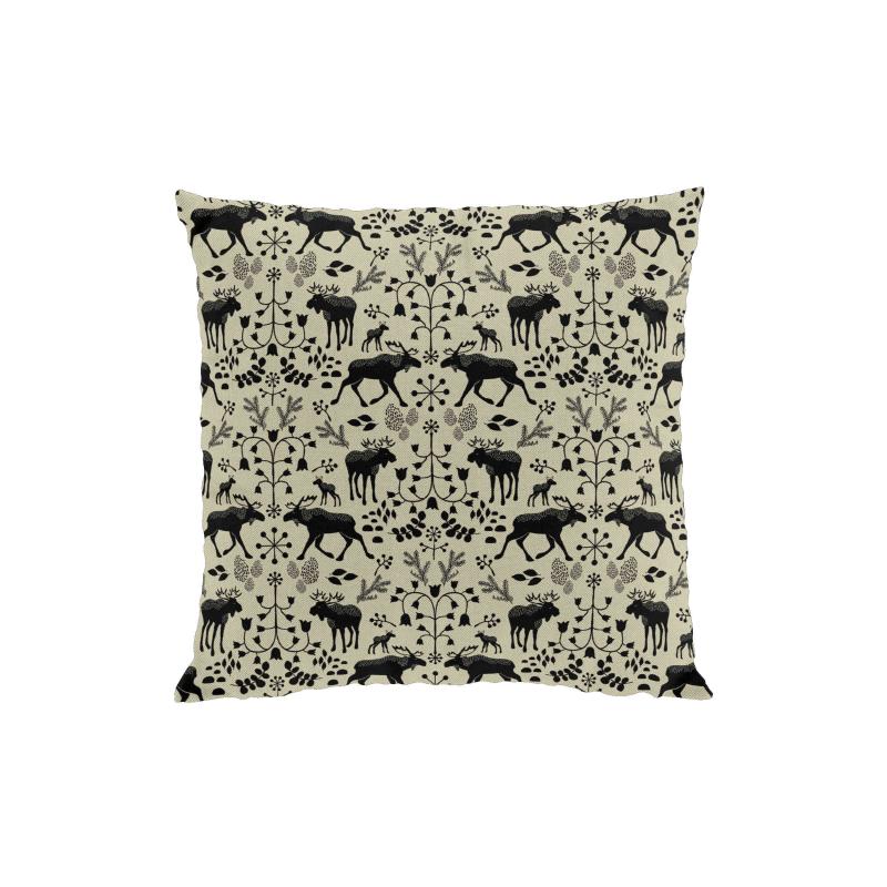 Kuddfodral SKOGENS KONUNG (Culla) med älgar i svart på linnefärgad botten