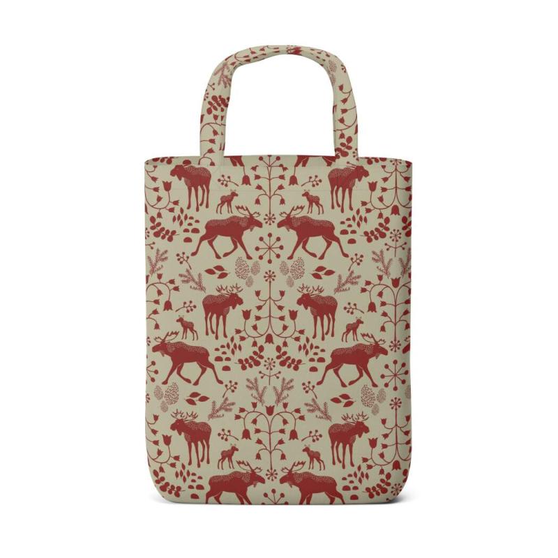 Tygkasse, tygväska SKOGENS KONUNG (Culla) med älgar i rött på linnefärgad botten