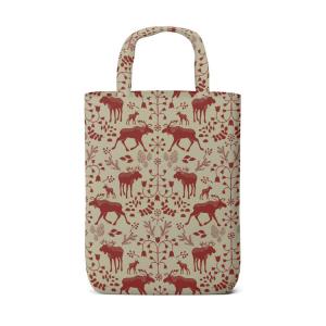 Tygkasse, tygväska SKOGENS KONUNG (Culla) med älgar i rött på linnefärgad botten
