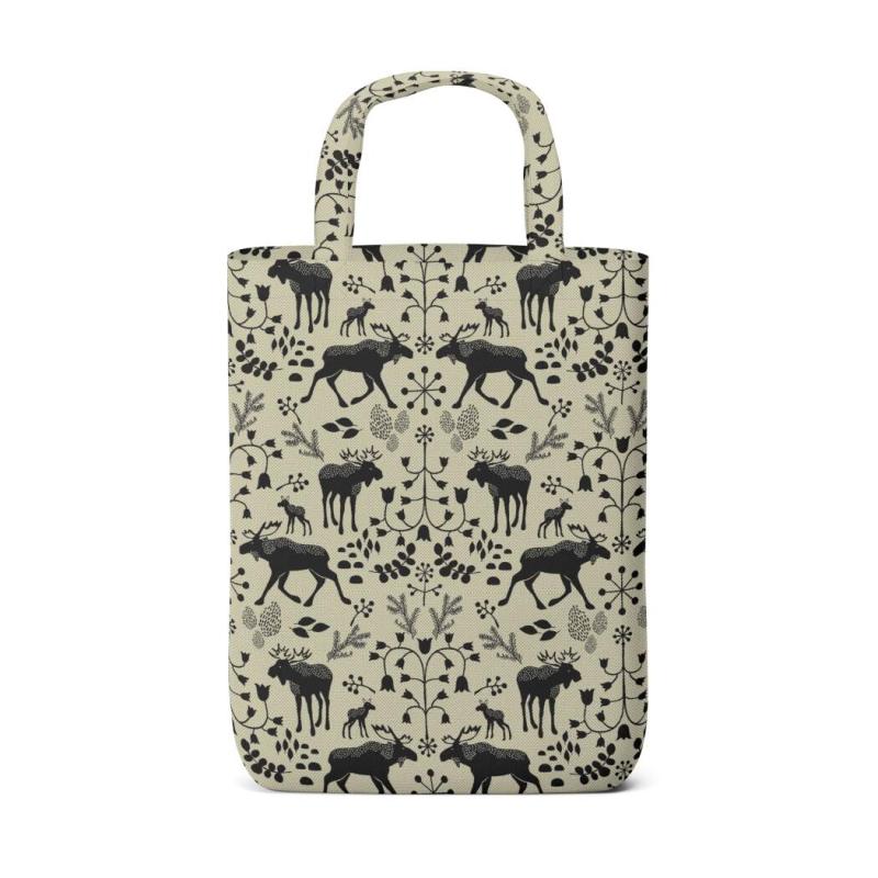 Tygkasse, tygväska SKOGENS KONUNG (Culla) med älgar i svart på linnefärgad botten