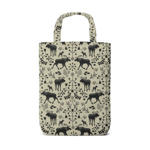 Tygkasse, tygväska SKOGENS KONUNG (Culla) med älgar i svart på linnefärgad botten