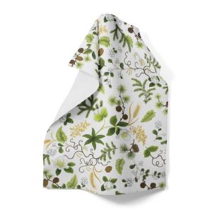 Kökshandduk BARR och BLOM med julrosor, kottar och granris i vitt, brunt, gult och grönt