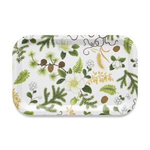 Bricka Rektangulär BARR och BLOM med julrosor, kottar och granris i vitt, brunt, gult och grönt