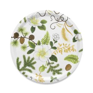 Rund bricka BARR och BLOM med julrosor, kottar och granris i vitt, brunt, gult och grönt