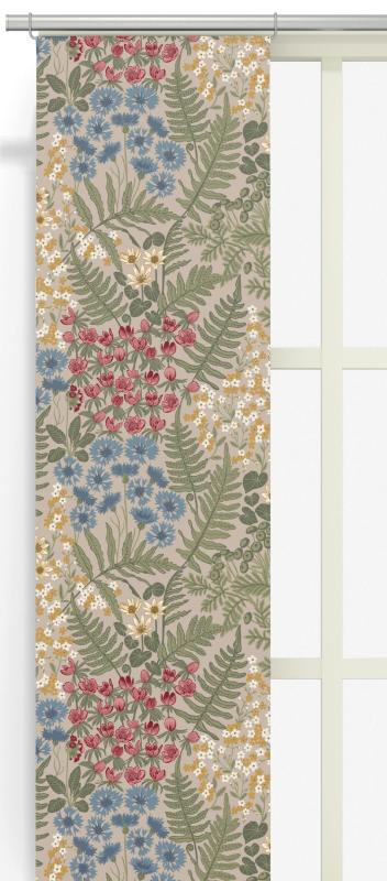 Panelgardin BLÅ BLOM med sippor, blåklint, gula små blommor och gröna blad på beige botten