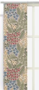 Panelgardin BLÅ BLOM med sippor, blåklint, gula små blommor och gröna blad på beige botten