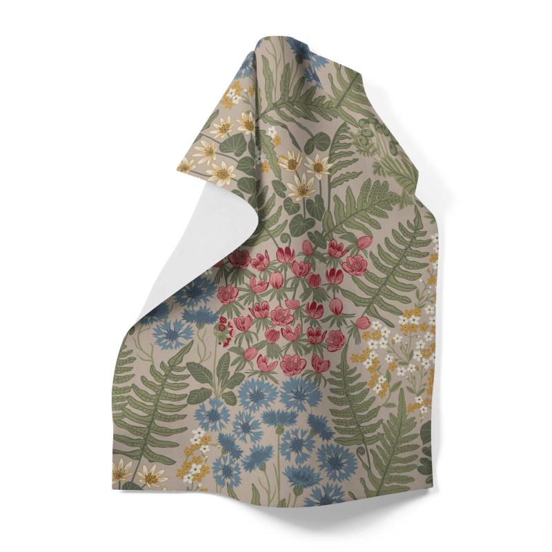 Kökshandduk BLÅ BLOM med sippor, blåklint, gula små blommor och gröna blad på beige botten