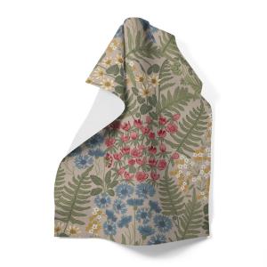 Kökshandduk BLÅ BLOM med sippor, blåklint, gula små blommor och gröna blad på beige botten