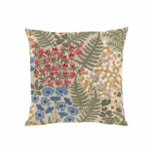 Kuddfodral BLÅ BLOM med sippor, blåklint, gula små blommor och gröna blad på beige botten
