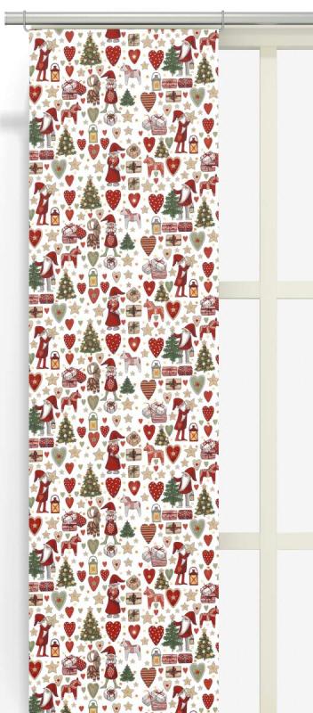 Panelgardin JULSTÖK med tomtar, granar, julklappar, Dalahäst, hjärtan, stjärnor i rött