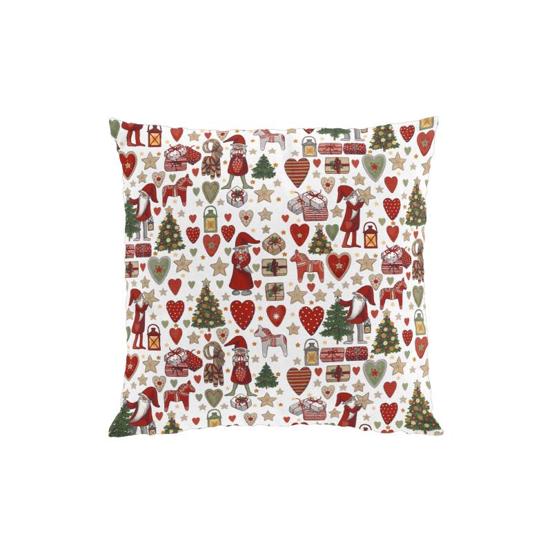 Kuddfodral JULSTÖK med tomtar, granar, julklappar, Dalahäst, hjärtan, stjärnor i rött
