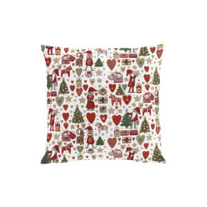 Kuddfodral JULSTÖK med tomtar, granar, julklappar, Dalahäst, hjärtan, stjärnor i rött